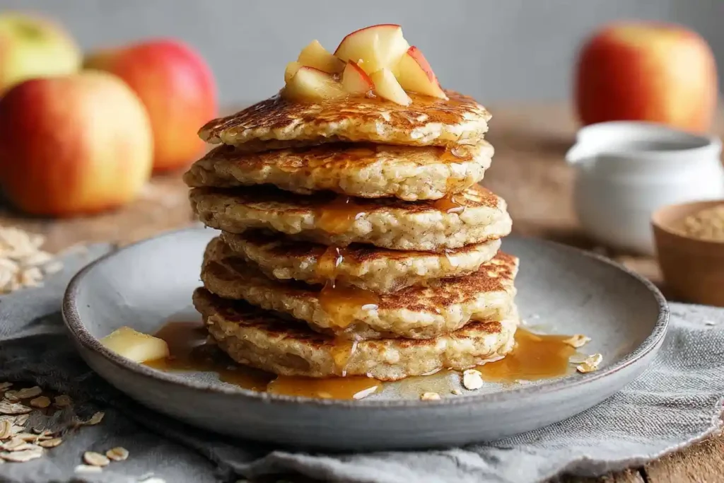 Stack of fluffy apple oatmeal pancakes drizzled with syrup and topped with fresh apple slices.