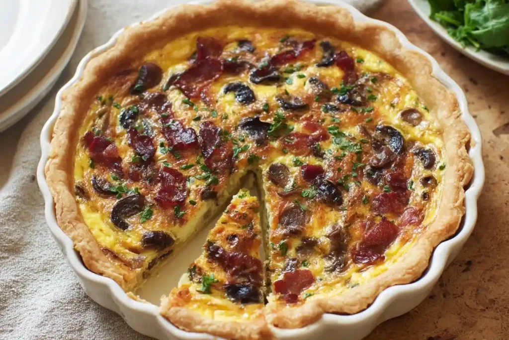 A freshly baked Bacon and Mushroom Quiche in a white tart pan with a golden crust and a slice cut out, ready to be served.