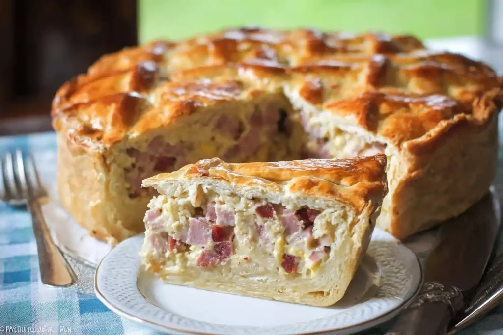 Close-up of a slice of Ham and Cheese Pie on a plate, featuring a golden crust and savory cubed ham filling.