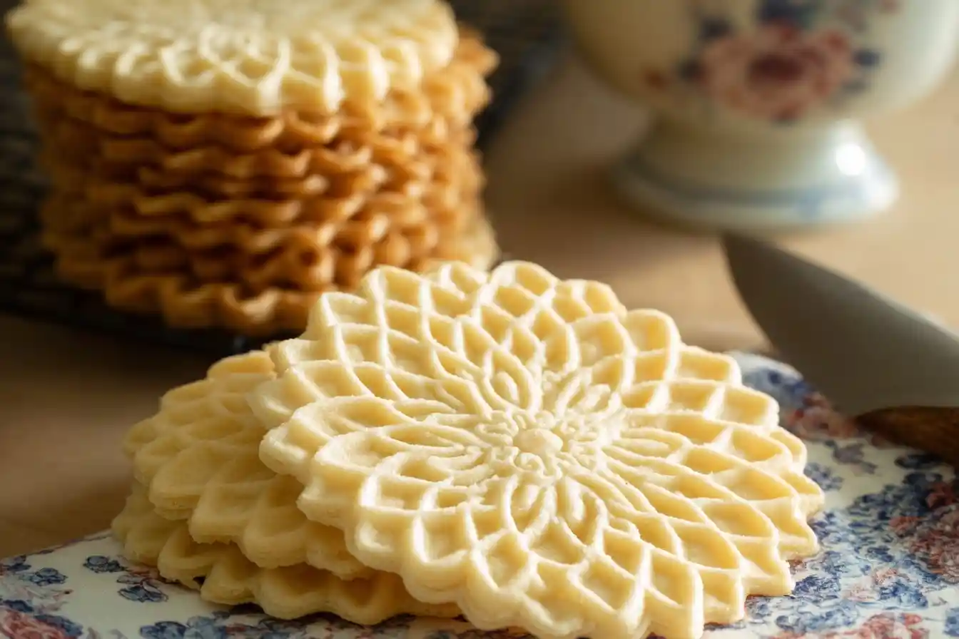 Close-up of crisp Italian pizzelle cookies with intricate floral patterns stacked on a floral plate.