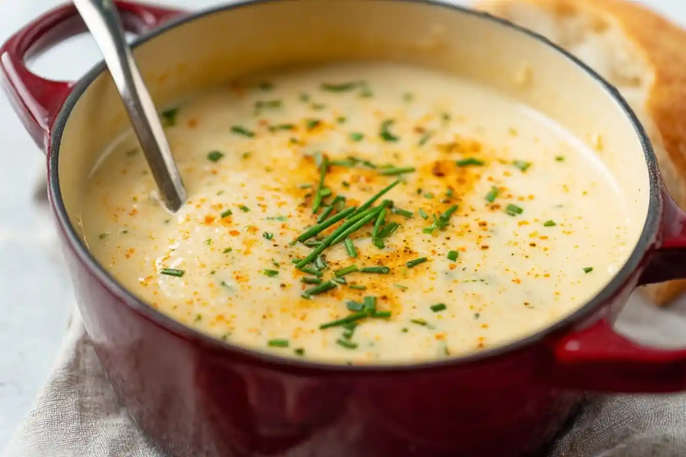 A close-up of a red bowl of creamy potato soup garnished with fresh chives and spices, with a spoon resting inside.