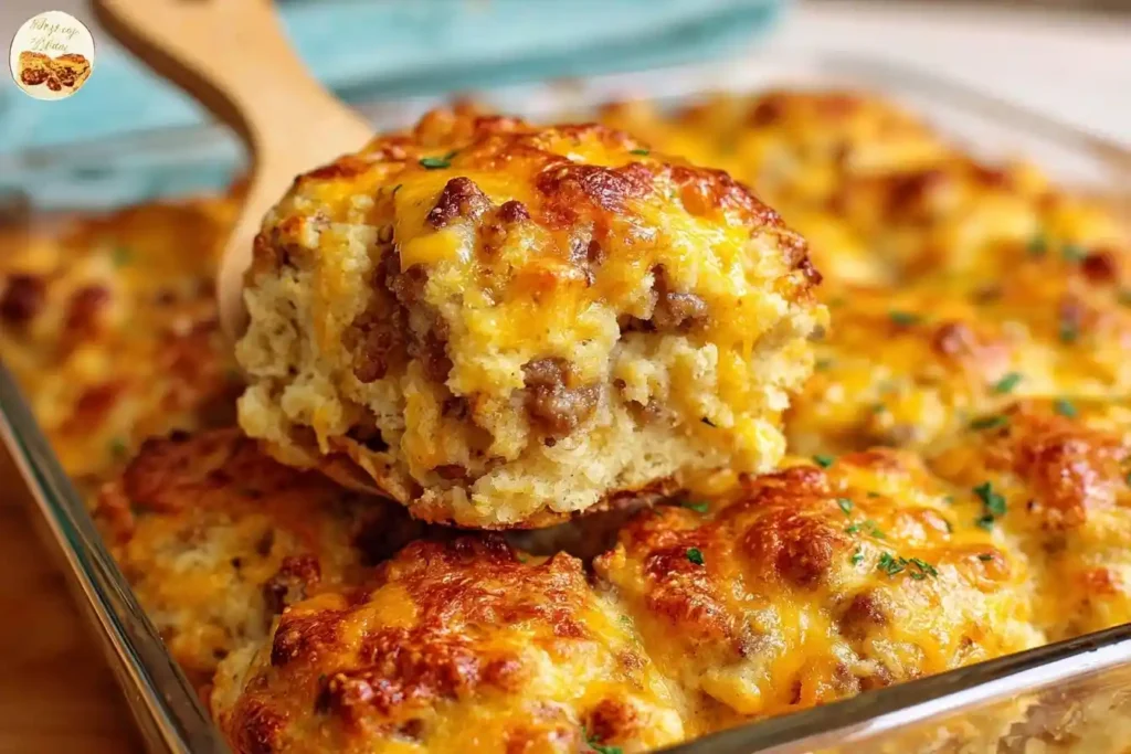 A wooden spatula lifting a serving of cheesy sausage biscuit casserole from a clear glass baking dish.