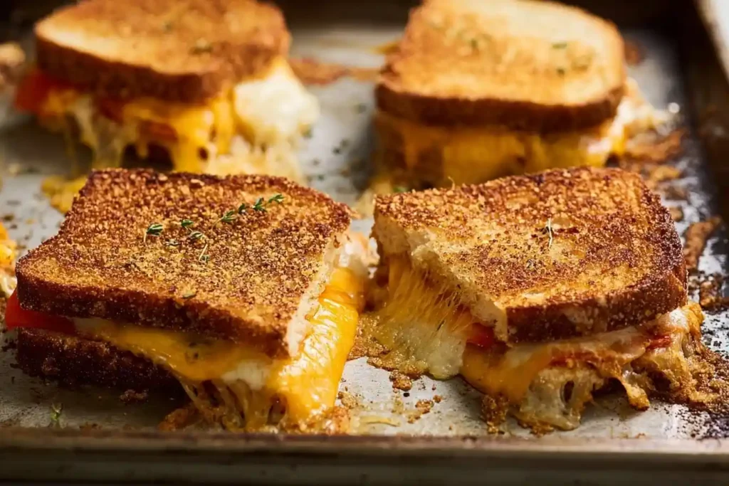 Close-up of golden brown sheet pan grilled cheese sandwiches with melting cheese and herbs on a baking tray.