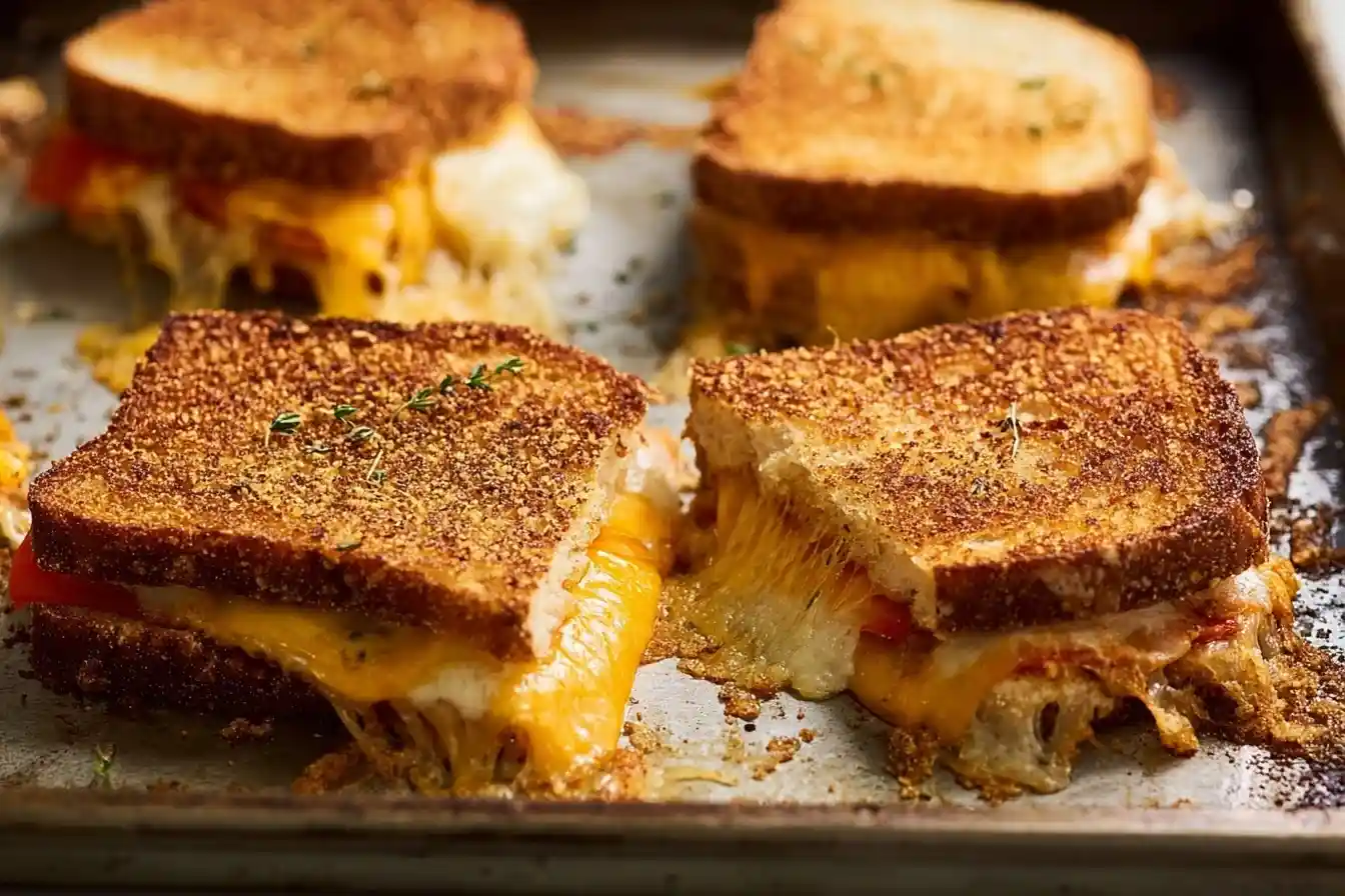 Close-up of golden brown sheet pan grilled cheese sandwiches with melting cheese and herbs on a baking tray.