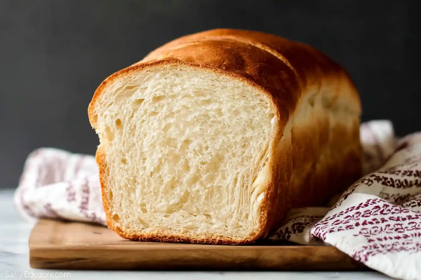 A freshly baked loaf of homemade white bread, sliced to show the soft, fluffy interior, sitting on a wooden cutting board.