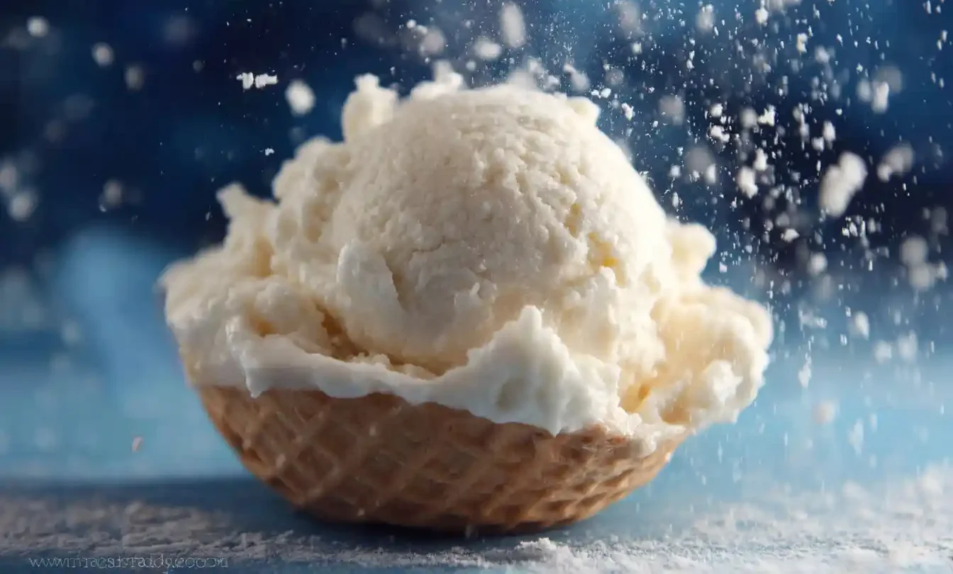 A scoop of homemade snow ice cream in a waffle bowl with coconut flakes falling like snow against a blue background.