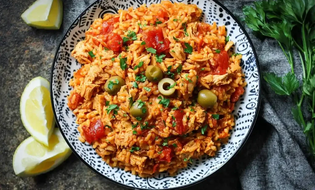 Overhead view of a bowl of Spanish Tuna Rice topped with green olives and chopped parsley next to fresh lemon wedges.