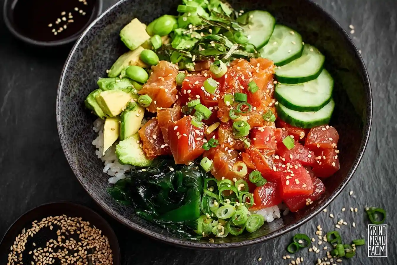 Overhead view of a fresh tuna poke bowl with avocado, cucumber, seaweed, and sesame seeds on a dark background.