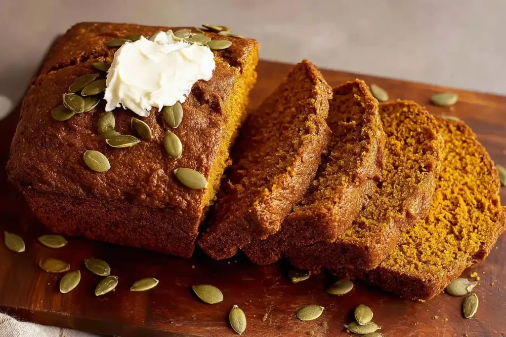 A partially sliced loaf of moist {{ $('Fetch Recipe Data').first().json["Main Keyword"] }}, topped with butter and pumpkin seeds, on a wooden board.
