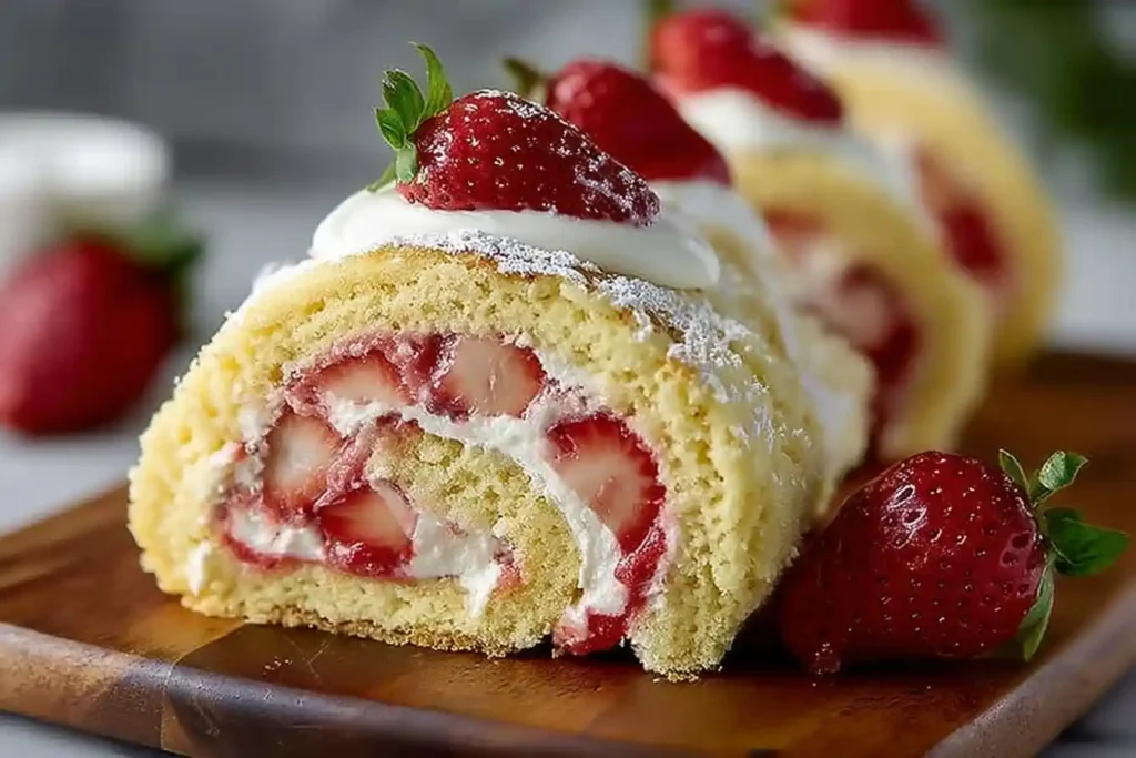 Close-up of a sliced strawberry swiss roll filled with fresh cream and strawberries on a wooden serving board.