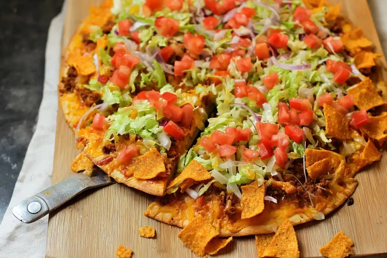 A delicious taco pizza on a wooden board, topped with lettuce, tomatoes, and chips, with one slice being served.