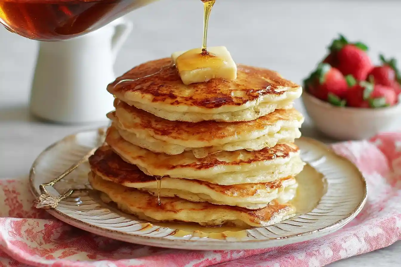 A tall stack of {{ $('Fetch Recipe Data').first().json["Main Keyword"] }} is topped with melting butter as golden maple syrup is poured over them.
