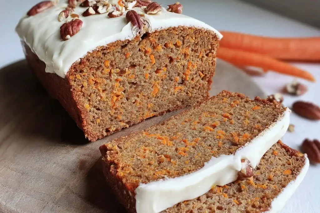 A thick slice of moist carrot cake loaf topped with cream cheese frosting and pecans on a wooden board.