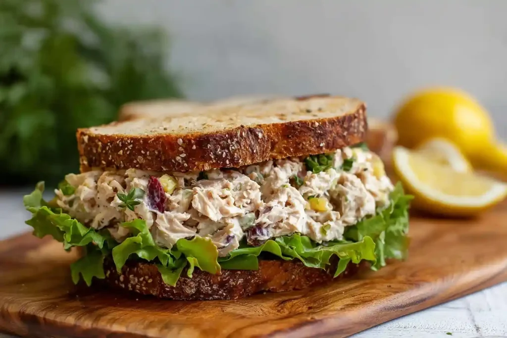 Delicious tuna salad sandwich on toasted multigrain bread with lettuce, served on a wooden board.