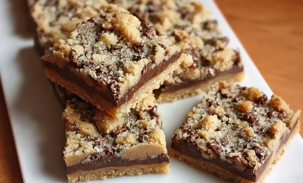 Stack of square toffee cookie bars with chocolate filling and crumble topping on a white plate.