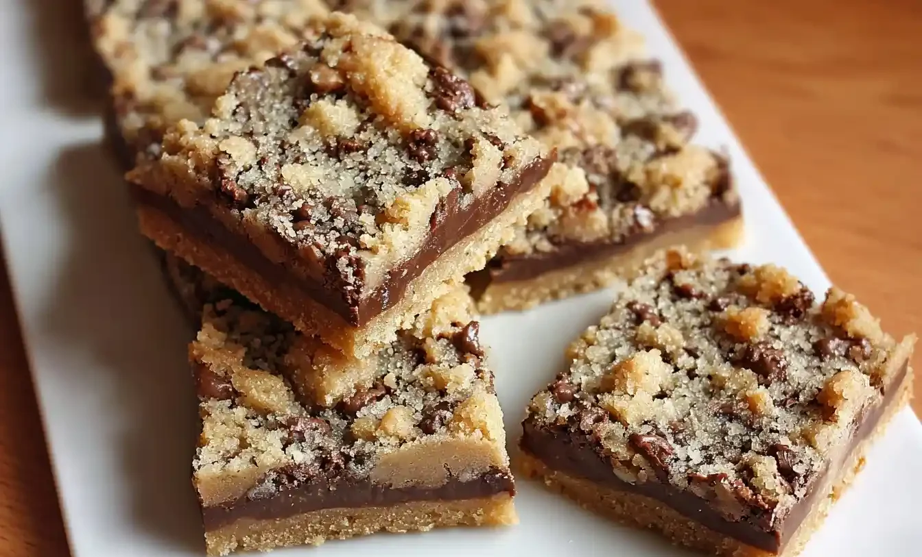 Stack of square toffee cookie bars with chocolate filling and crumble topping on a white plate.