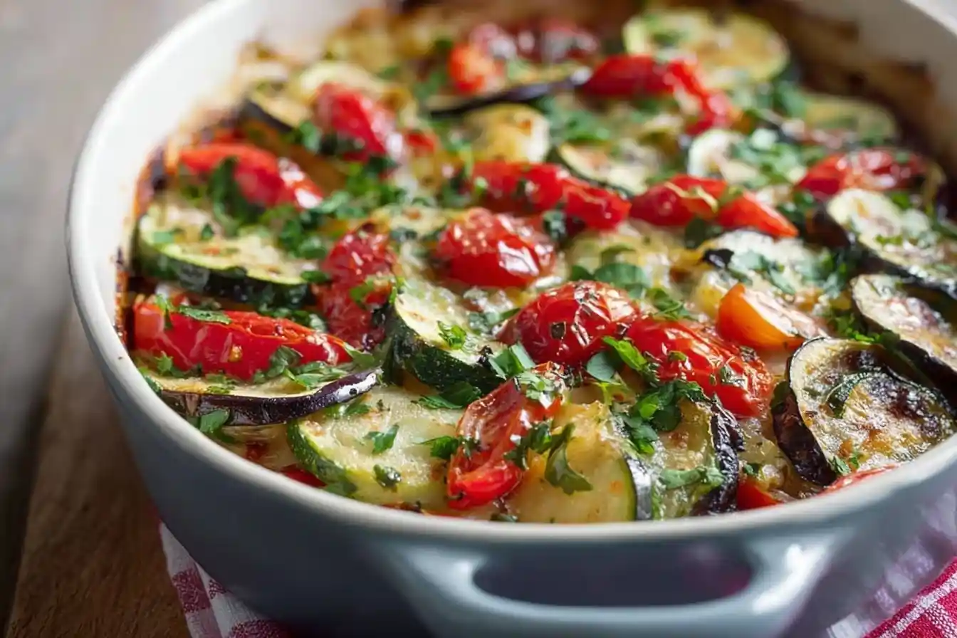 Close-up of a baked vegetable tian with layers of sliced zucchini, tomatoes, and eggplant in a ceramic dish