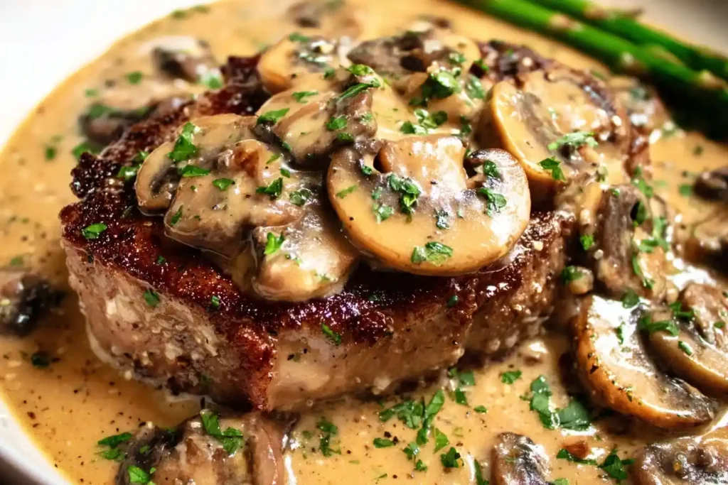 A juicy, pan-seared Steak with Mushroom Sauce, smothered in a rich, creamy gravy and garnished with fresh parsley.