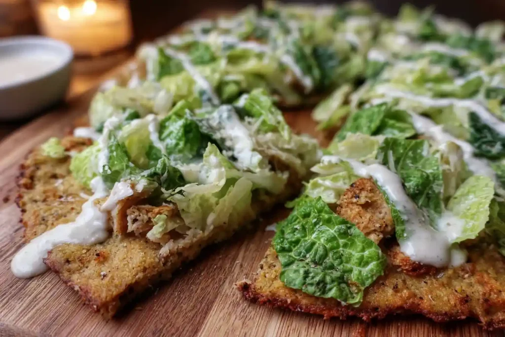 Close-up of a sliced Chicken Caesar Salad Pizza topped with fresh romaine and creamy dressing on a wood board