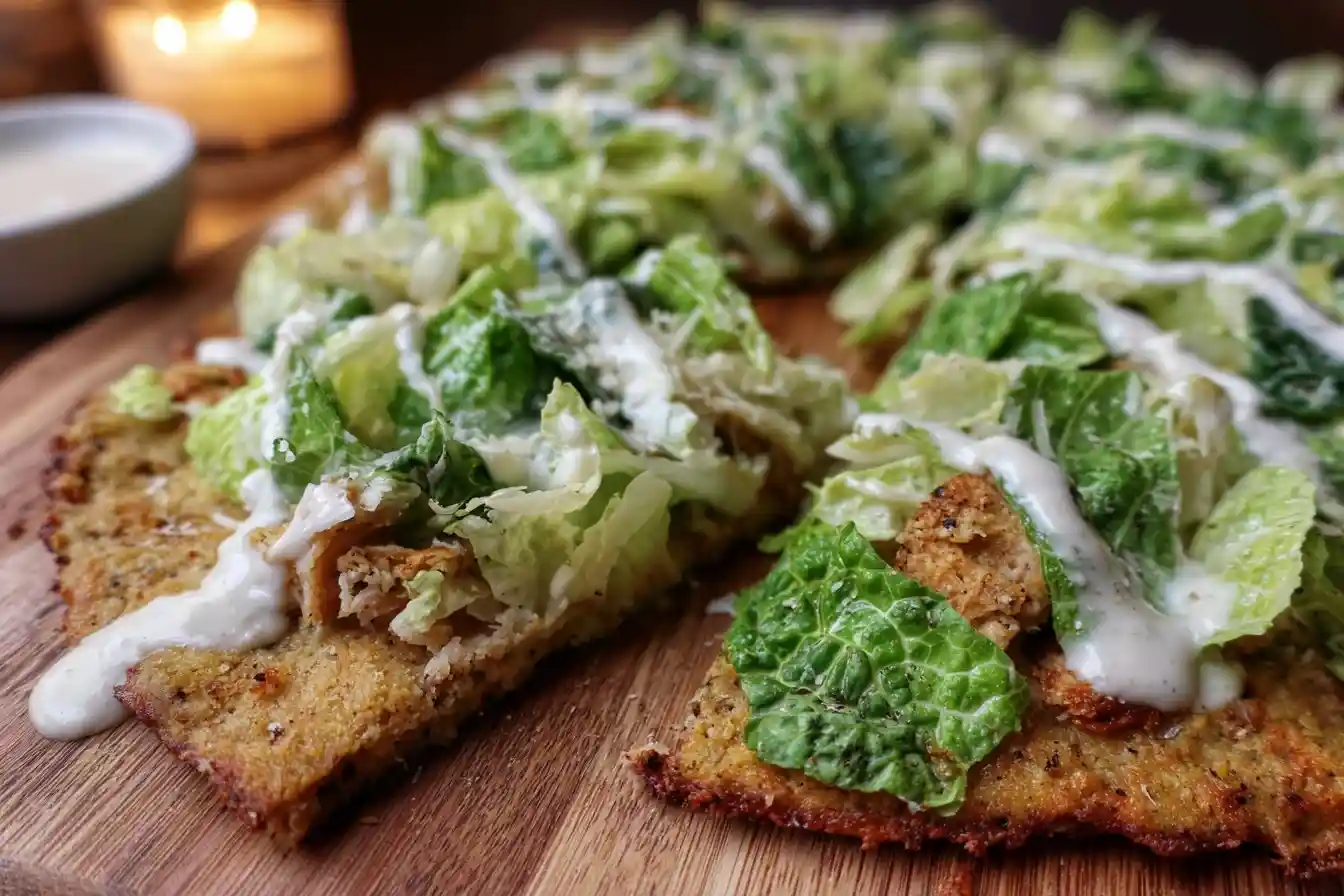 Close-up of a sliced Chicken Caesar Salad Pizza topped with fresh romaine and creamy dressing on a wood board