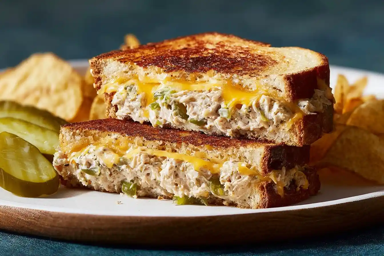 Golden grilled Tuna Melt sandwich cut in half with melted cheese and tuna salad, served with pickles.