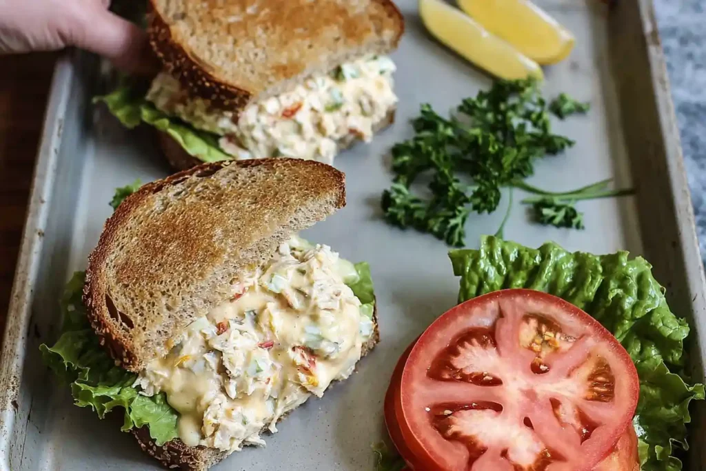 Two sandwiches made with a creamy chicken salad sandwich recipe, served on toasted wheat bread with lettuce on a tray.
