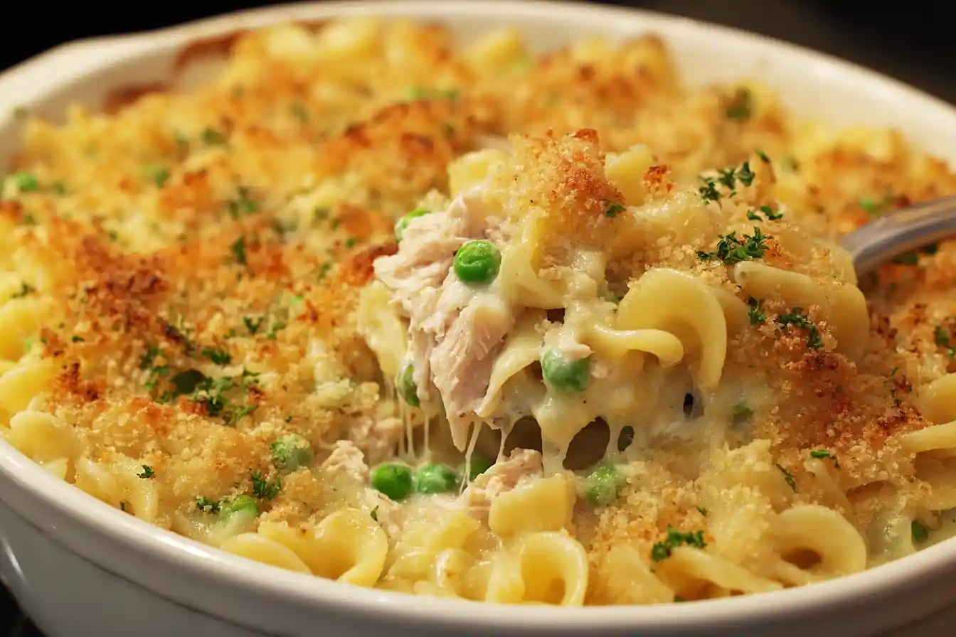 Spoon lifting a serving of creamy Tuna Noodle Casserole with peas and crispy breadcrumbs from a white baking dish.