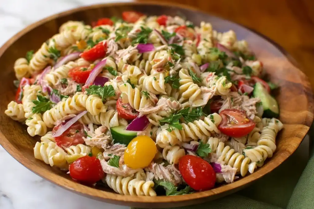 Wooden bowl filled with fresh tuna pasta salad containing rotini, cherry tomatoes, and red onion