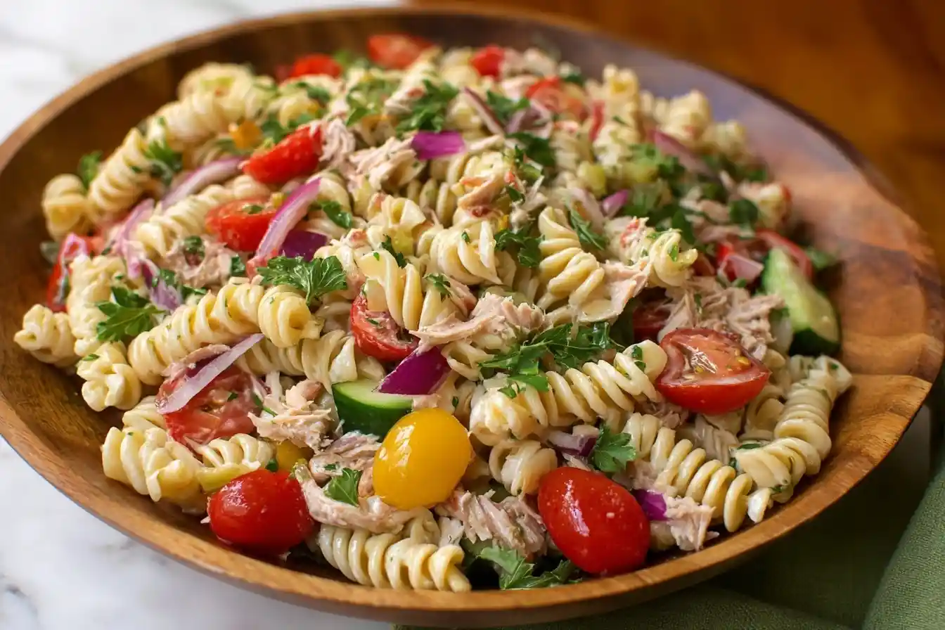 Wooden bowl filled with fresh tuna pasta salad containing rotini, cherry tomatoes, and red onion