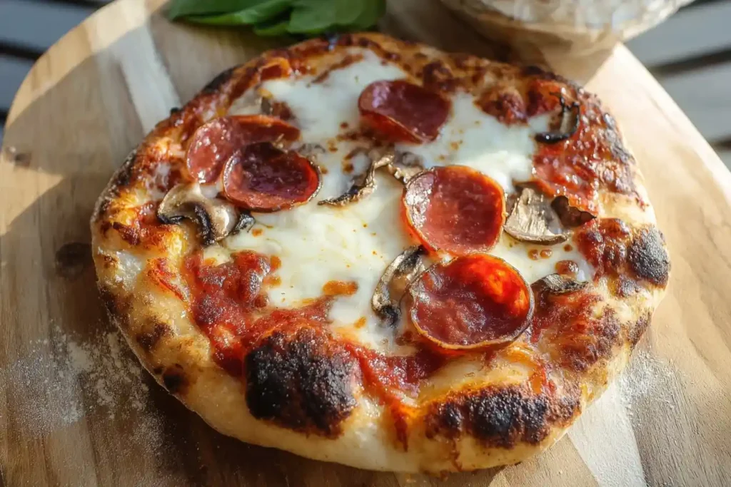 Golden baked homemade pepperoni and mushroom pizza with melted cheese on a wooden peel.