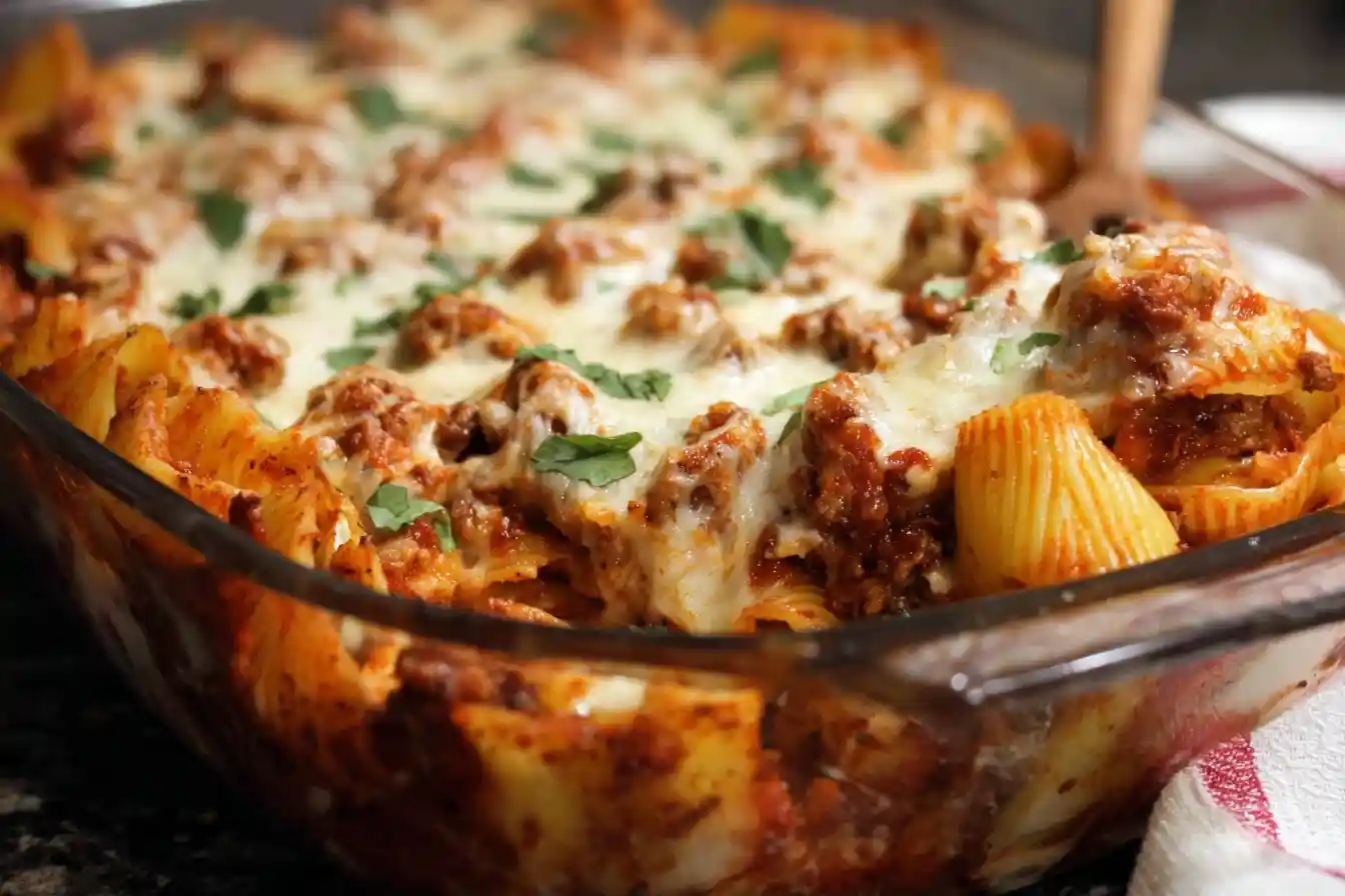 Baked stuffed shells casserole with meat sauce, melted cheese, and parsley garnish in a glass dish.