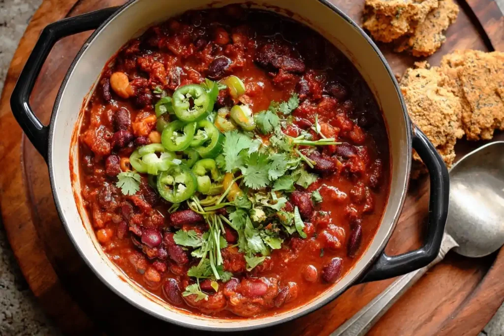 Dutch oven filled with hearty chili with beans, garnished with fresh cilantro and sliced jalapeños.