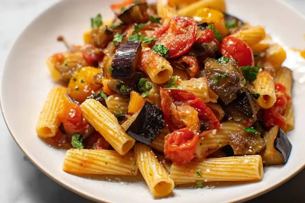 Plate of Pasta alla Norma featuring rigatoni, roasted eggplant chunks, and cherry tomatoes.
