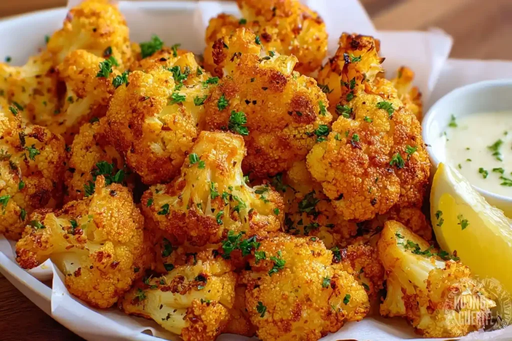 Golden crispy roasted cauliflower florets garnished with fresh parsley, served with lemon wedges and dipping sauce.