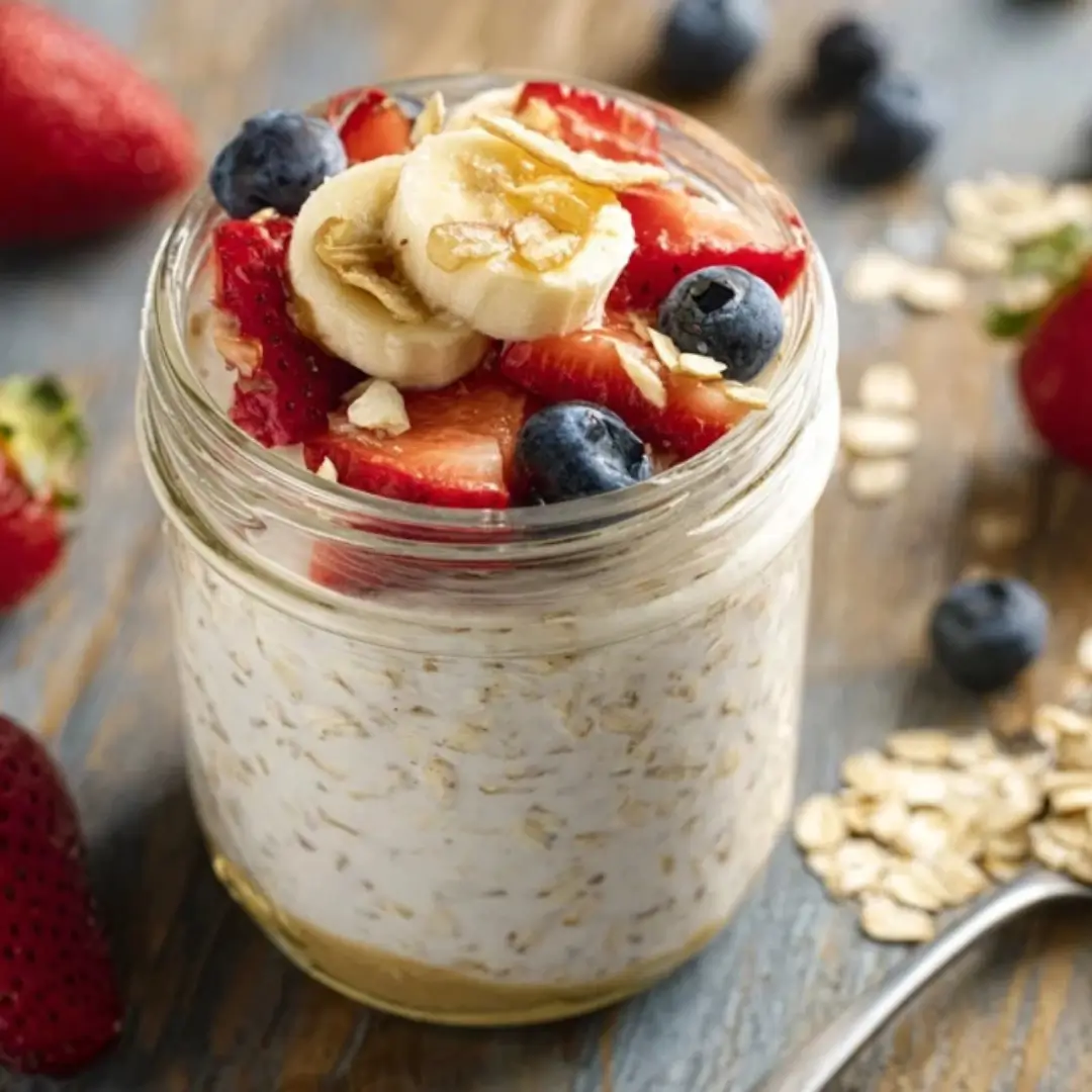 Side-by-side photos showing the assembly of overnight oats in a jar, topped with fresh blueberries and honey.