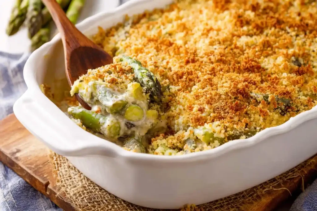 A wooden spoon lifts a creamy asparagus casserole with a crispy breadcrumb topping from a white baking dish.