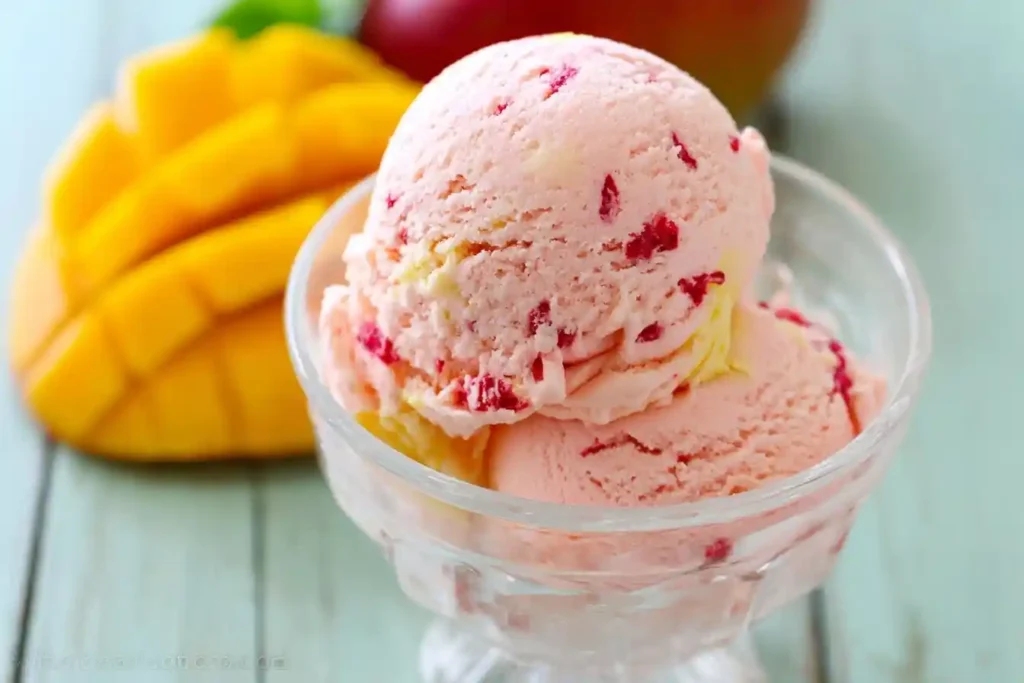 Scoops of {{ $('Fetch Recipe Data').first().json["Main Keyword"] }} in a glass dessert bowl with a fresh mango.