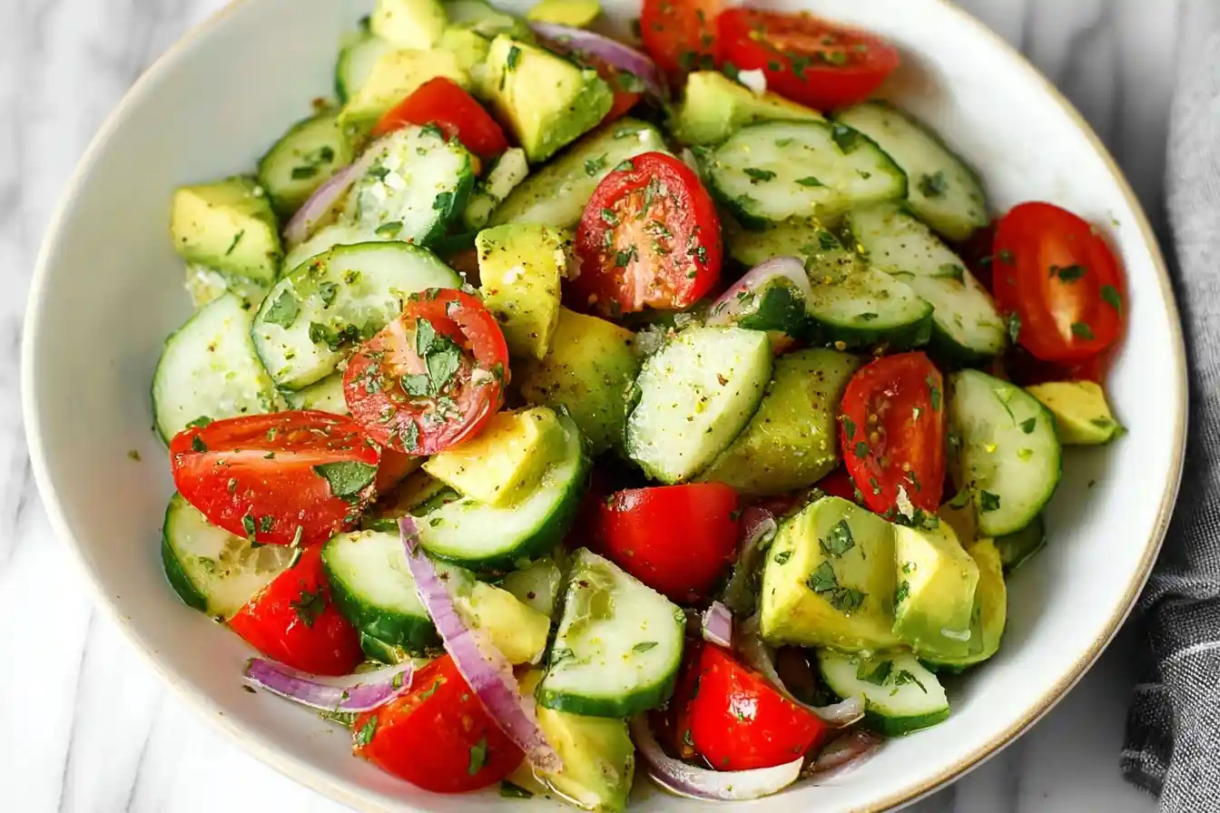 Top-down view of a fresh Cucumber Tomato Avocado Salad with red onions in a white serving bowl