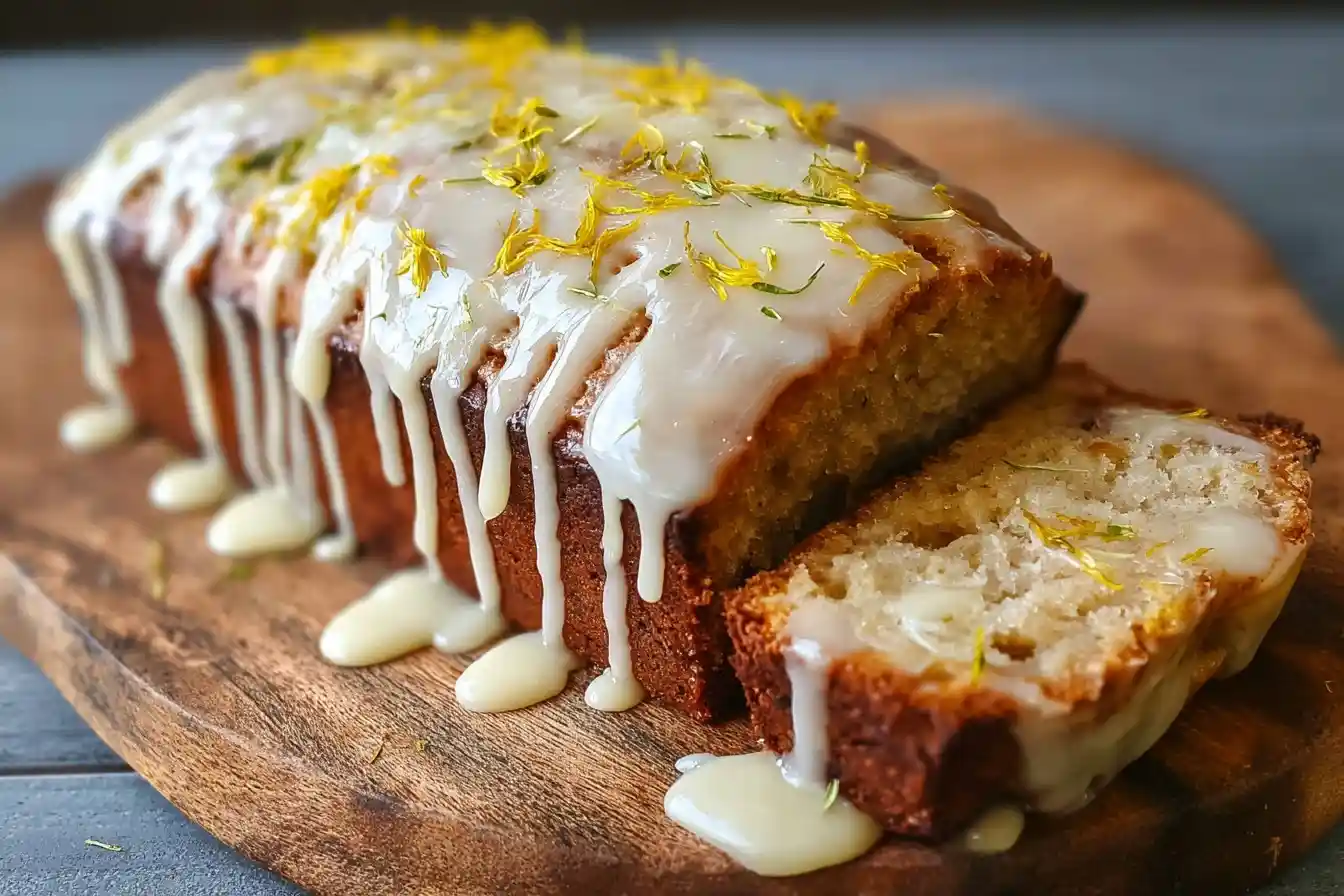 A sliced {{ $('Fetch Recipe Data').first().json["Main Keyword"] }} with dripping white glaze and yellow zest on wood.