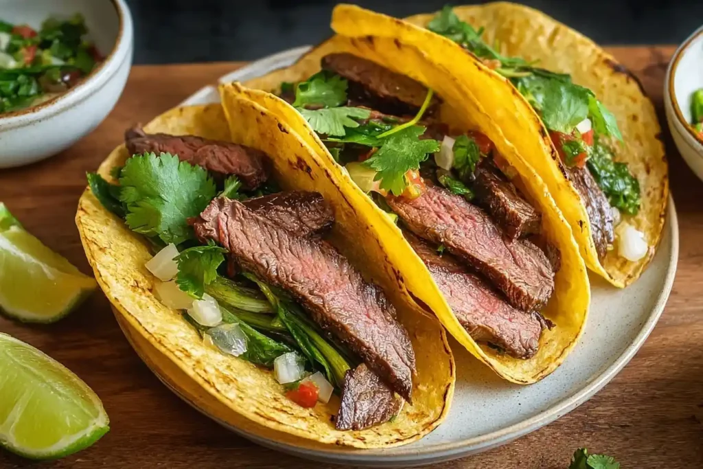 Three juicy steak tacos on corn tortillas, garnished with fresh cilantro, diced onions, and lime wedges.