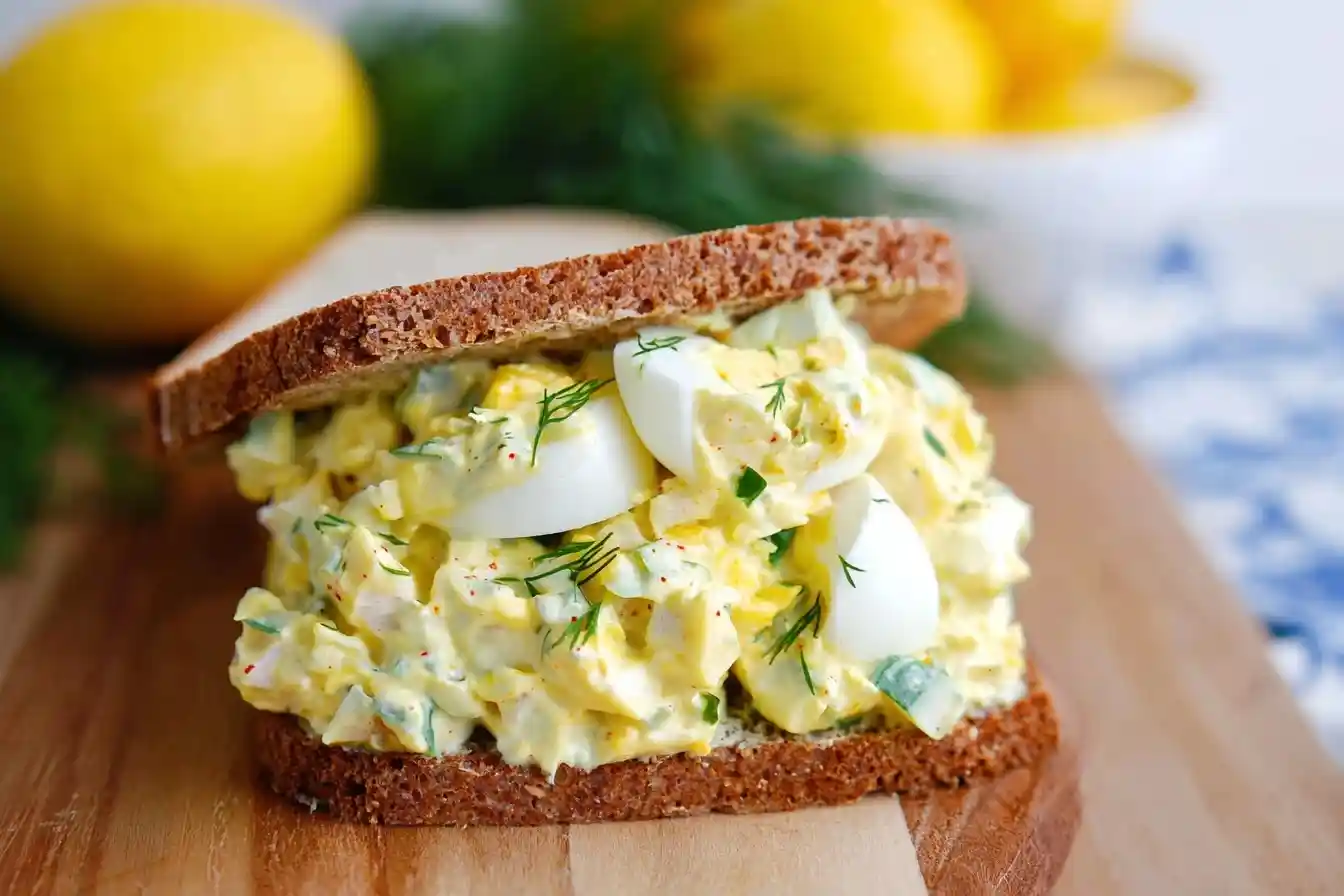 A close-up of a delicious egg salad sandwich on sliced dark bread, garnished with fresh dill.