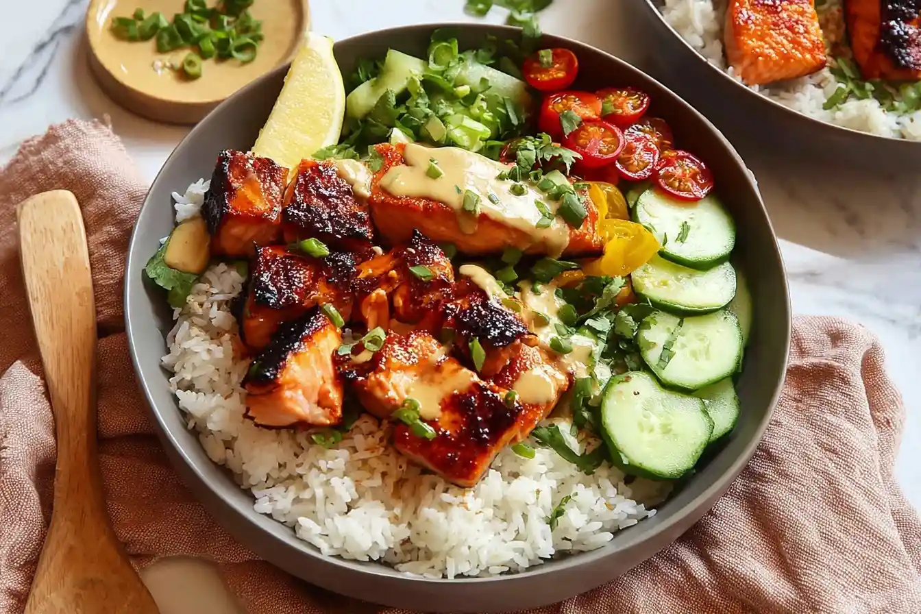 Close-up of a {{ $('Fetch Recipe Data').first().json["Main Keyword"] }} with glazed salmon, cucumbers, and tomatoes.