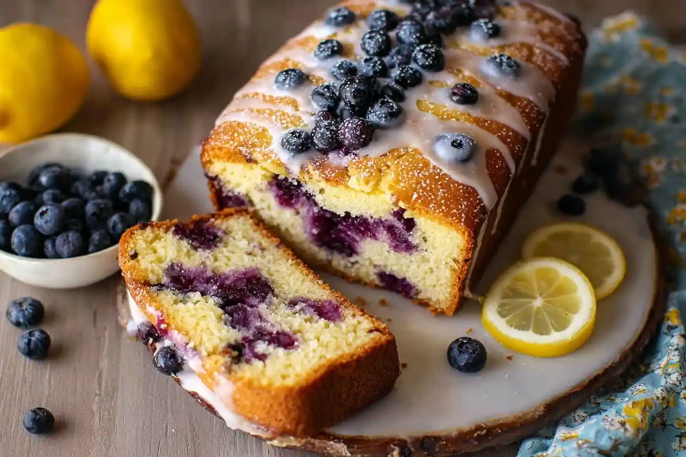 Sliced {{ $('Fetch Recipe Data').first().json["Main Keyword"] }} topped with glaze and fresh berries, next to lemons.