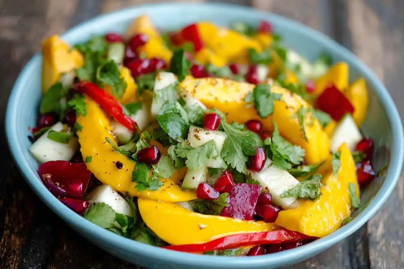 A close-up of a fresh mango pomegranate salad in a blue bowl, garnished with cilantro and red peppers.