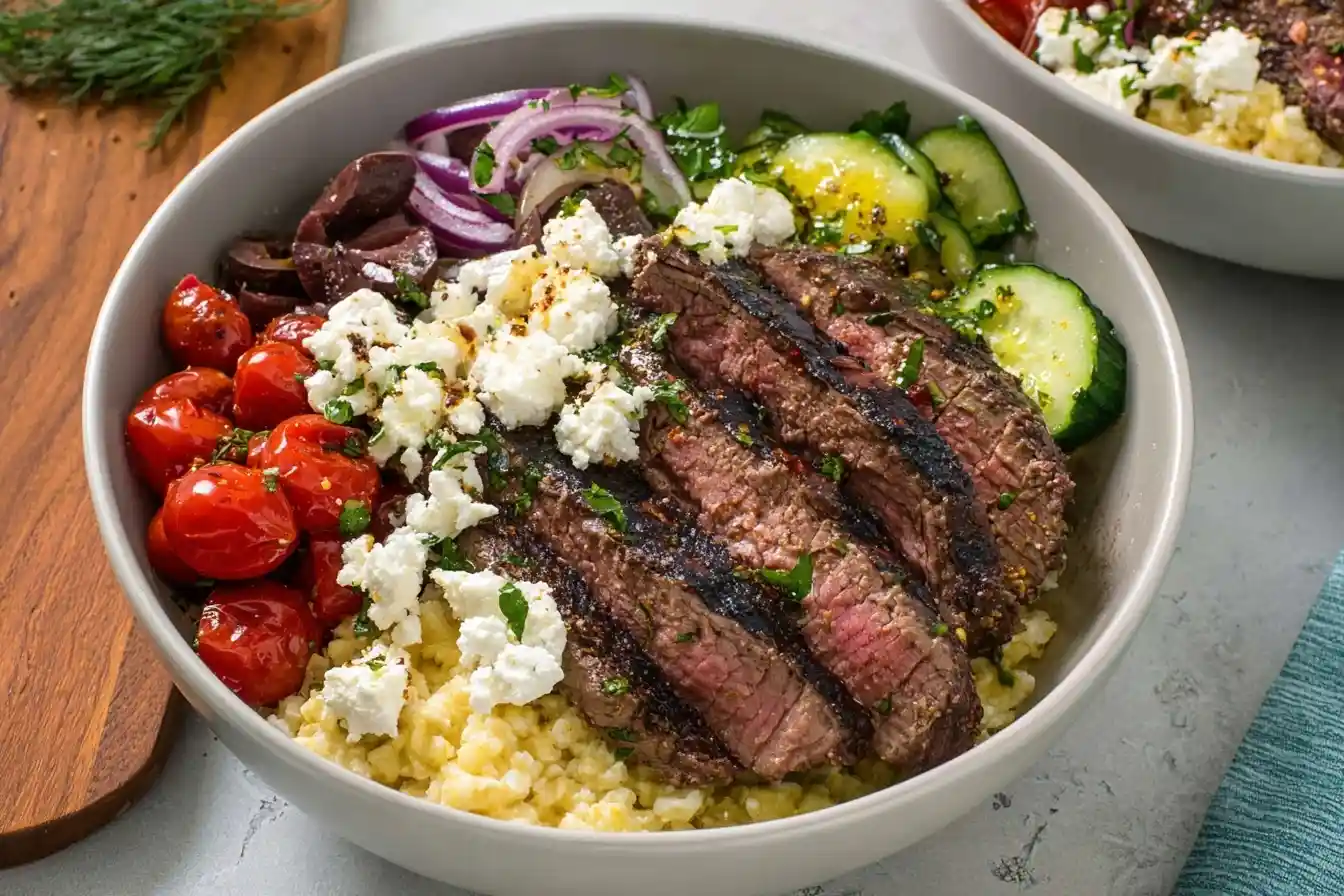 A vibrant Greek steak bowl loaded with sliced grilled beef, feta, roasted tomatoes, cucumbers, olives, and grains.