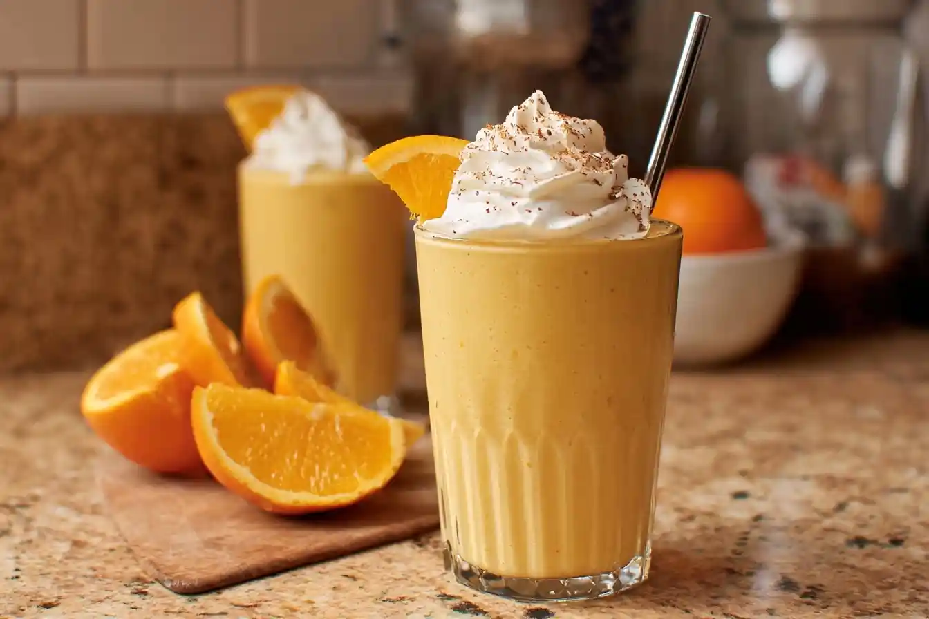 A refreshing orange creamsicle smoothie topped with whipped cream, served with fresh orange wedges on a counter.