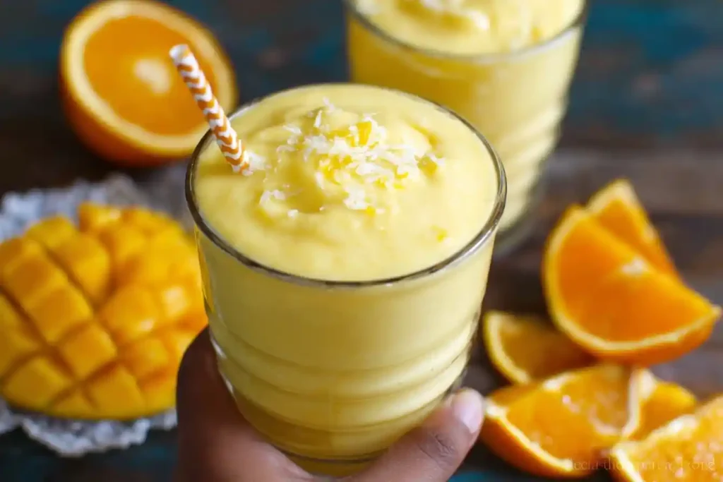 Glass of {{ $('Fetch Recipe Data').first().json["Main Keyword"] }} with coconut, near fresh sliced orange and mango.