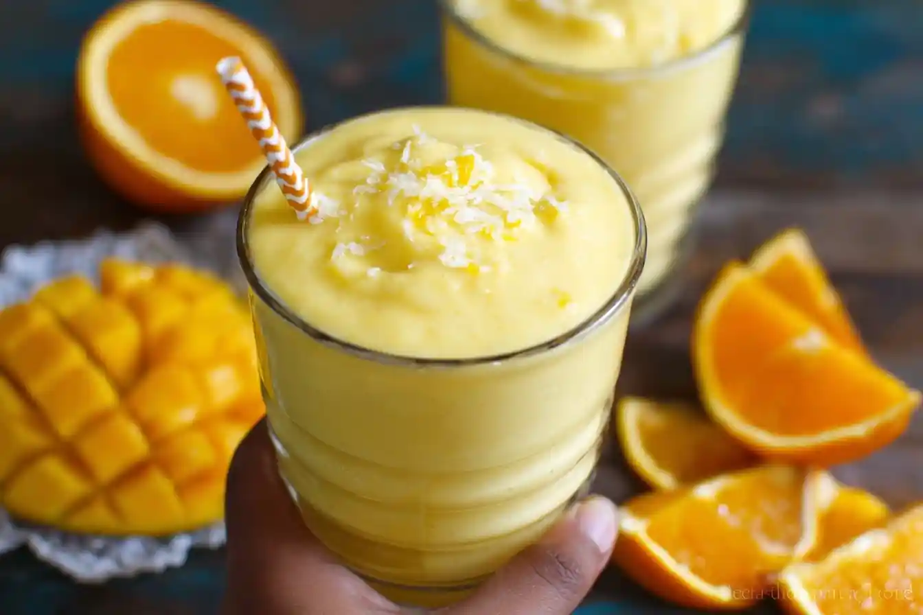 Glass of {{ $('Fetch Recipe Data').first().json["Main Keyword"] }} with coconut, near fresh sliced orange and mango.