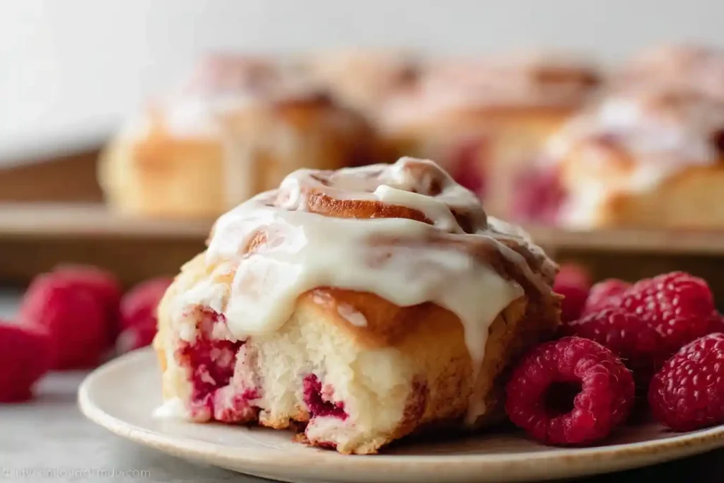 Close-up of freshly baked raspberry sweet rolls, featuring one frosted roll with a bite taken out.