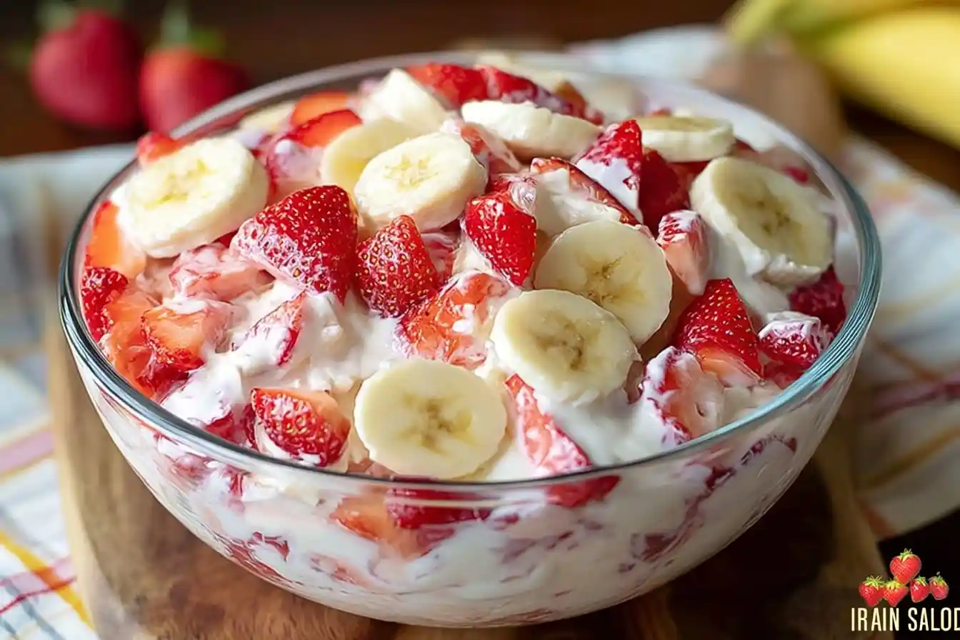 A glass bowl filled with creamy Strawberry Banana Cheesecake Salad featuring fresh sliced bananas and red strawberries.